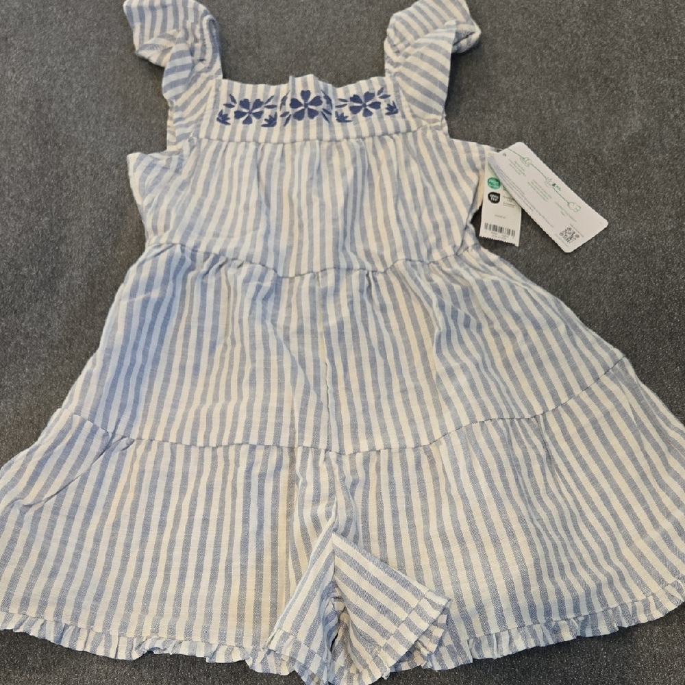 Carter's Blue and White Striped Romper with Floral Embroidery
